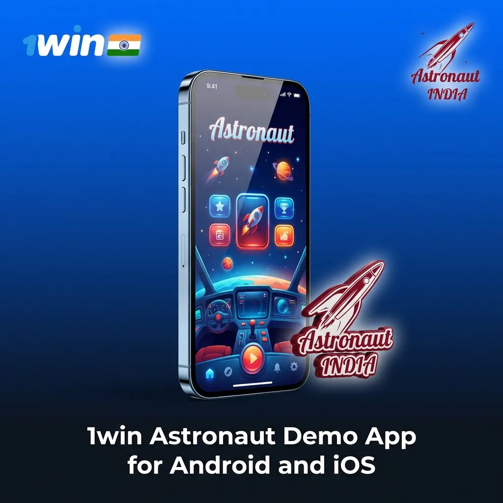 Phone screen showing 1win Astronaut demo app interface with crash game multipliers and install steps for Android and iOS