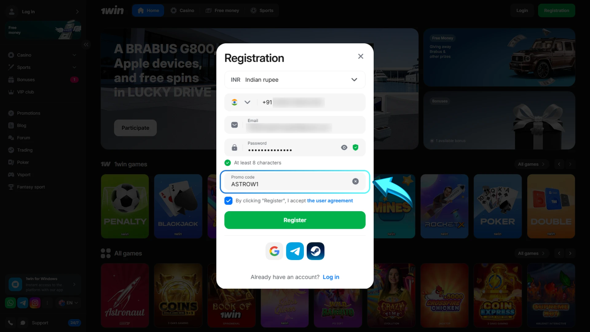 1win astronaut registration how to add promo code
