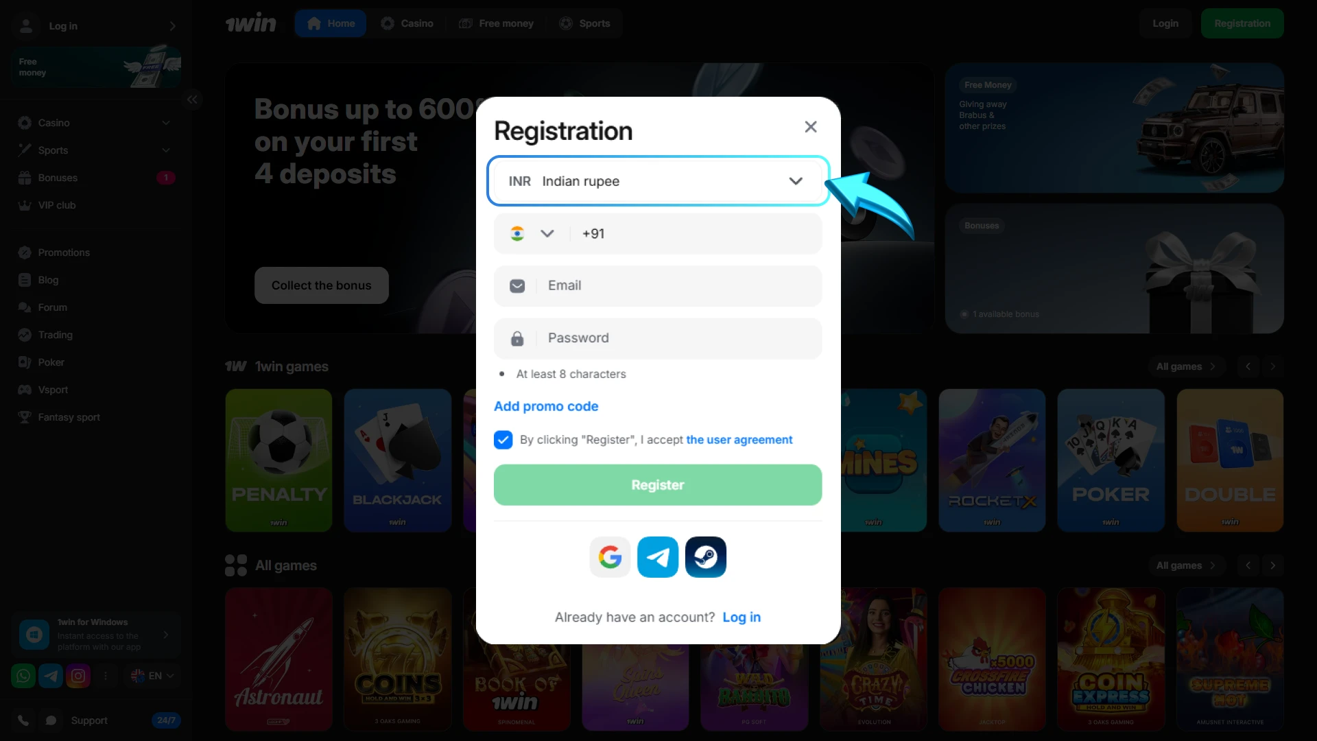 1win astronaut registration how to choose currency