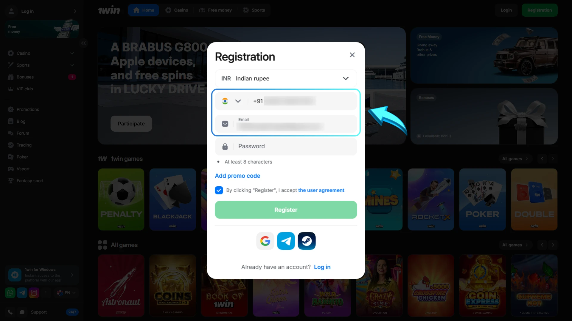 1win astronaut registration how to enter email