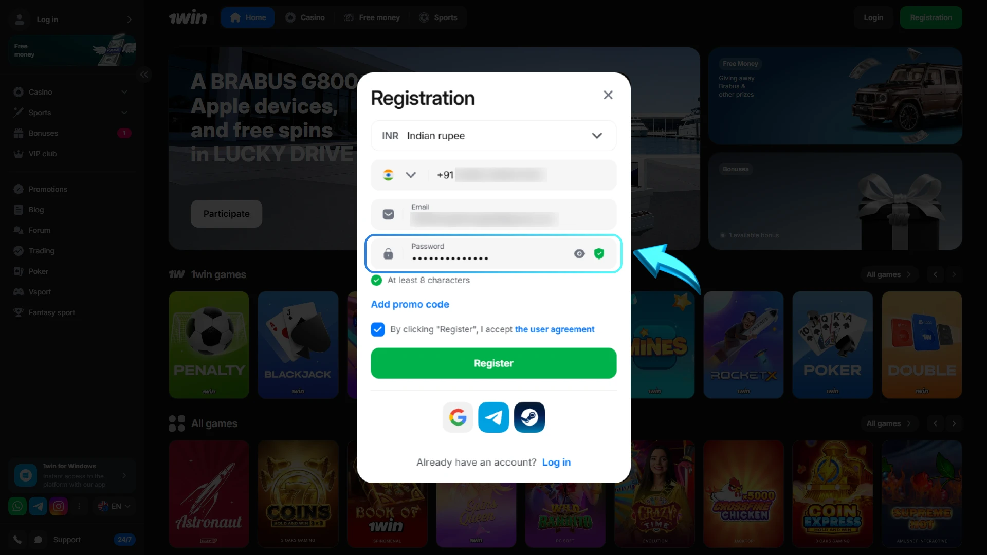 1win astronaut registration how to enter password