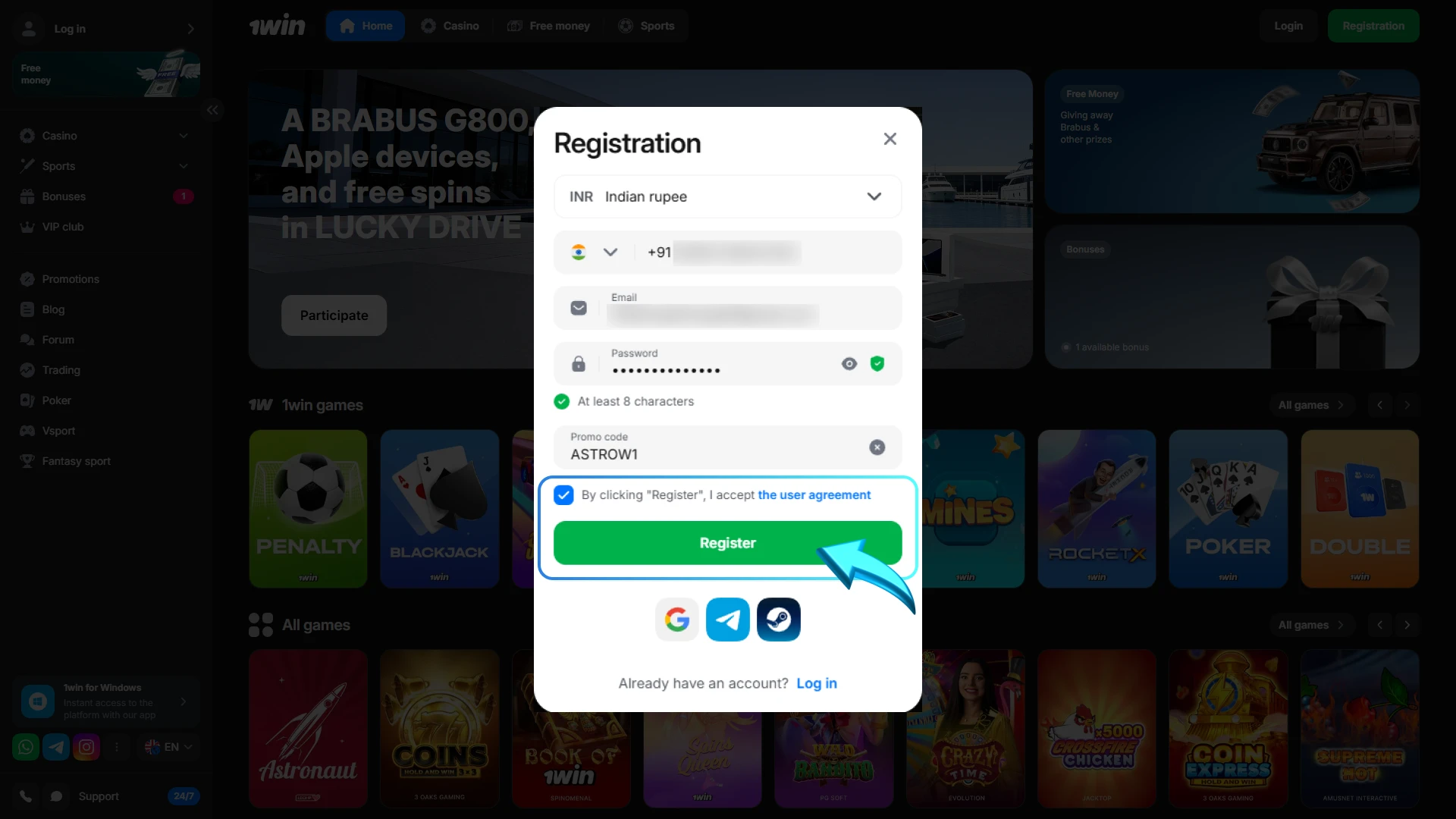 1win astronaut registration how to finish the setup