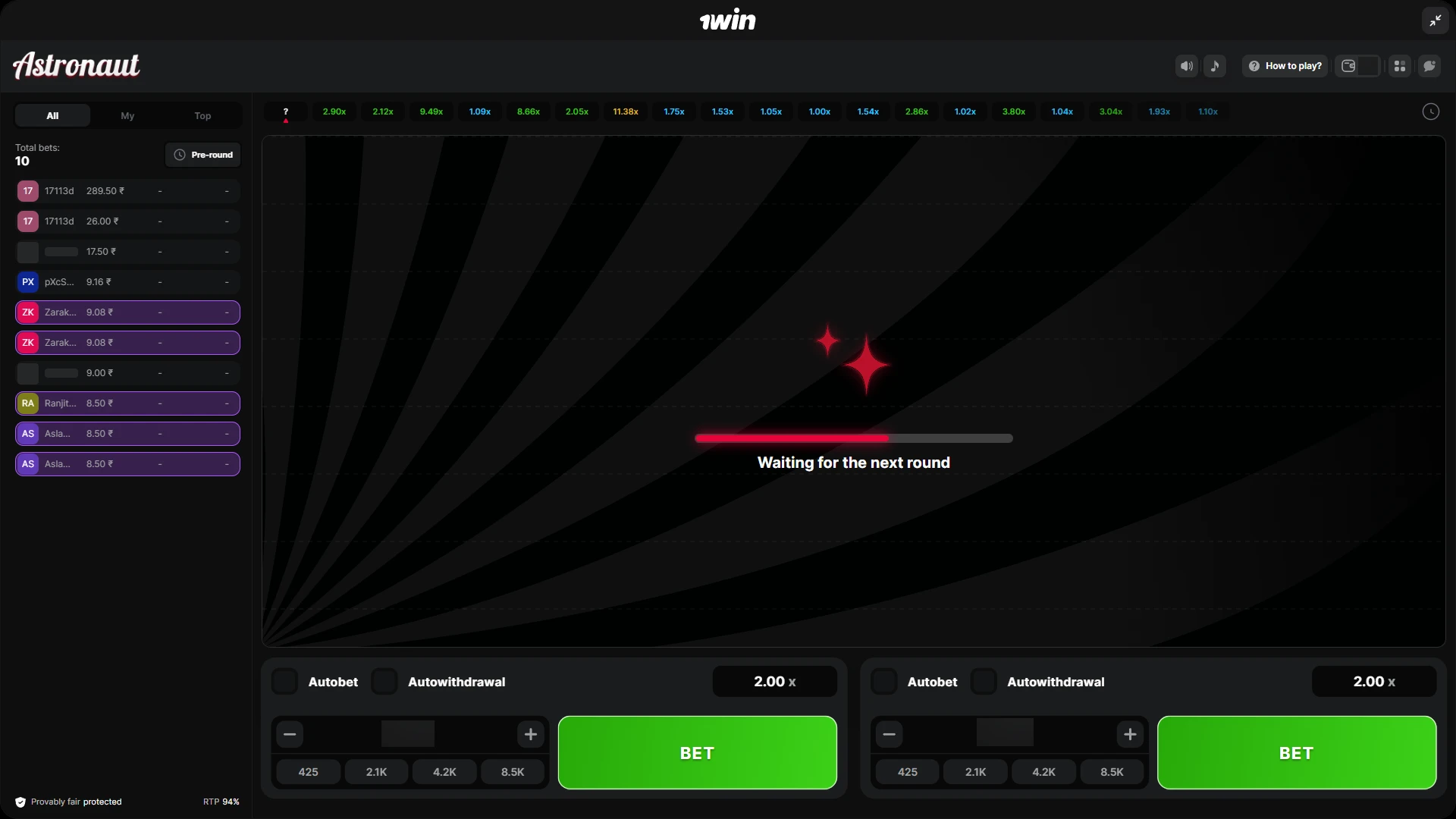 1win astronaut waiting for the next round