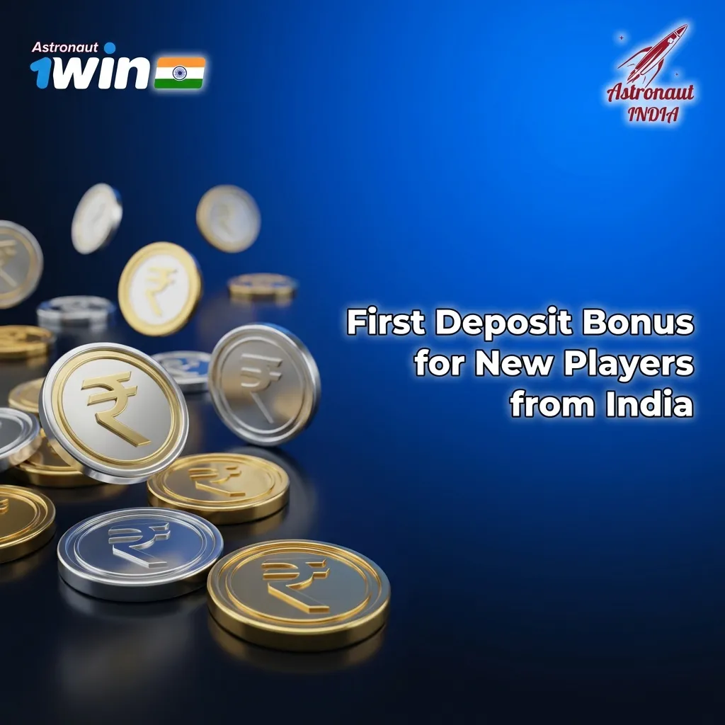 Banner promoting 1win Astronaut first deposit bonus for new Indian players, highlighting four-tier welcome package and percentages