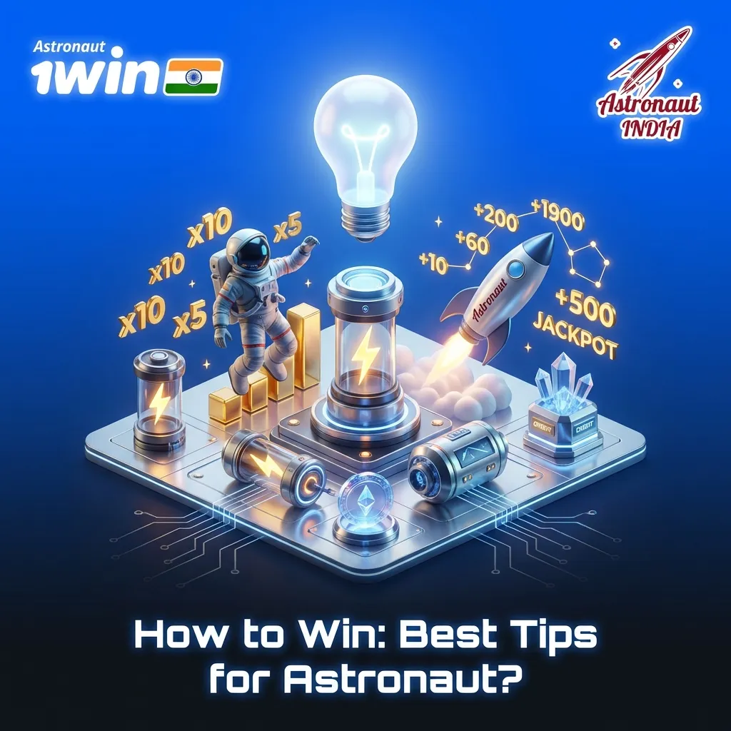 Illustrated astronaut with strategy tips on modest multipliers, auto cash-out, and bankroll control in a crash-style game