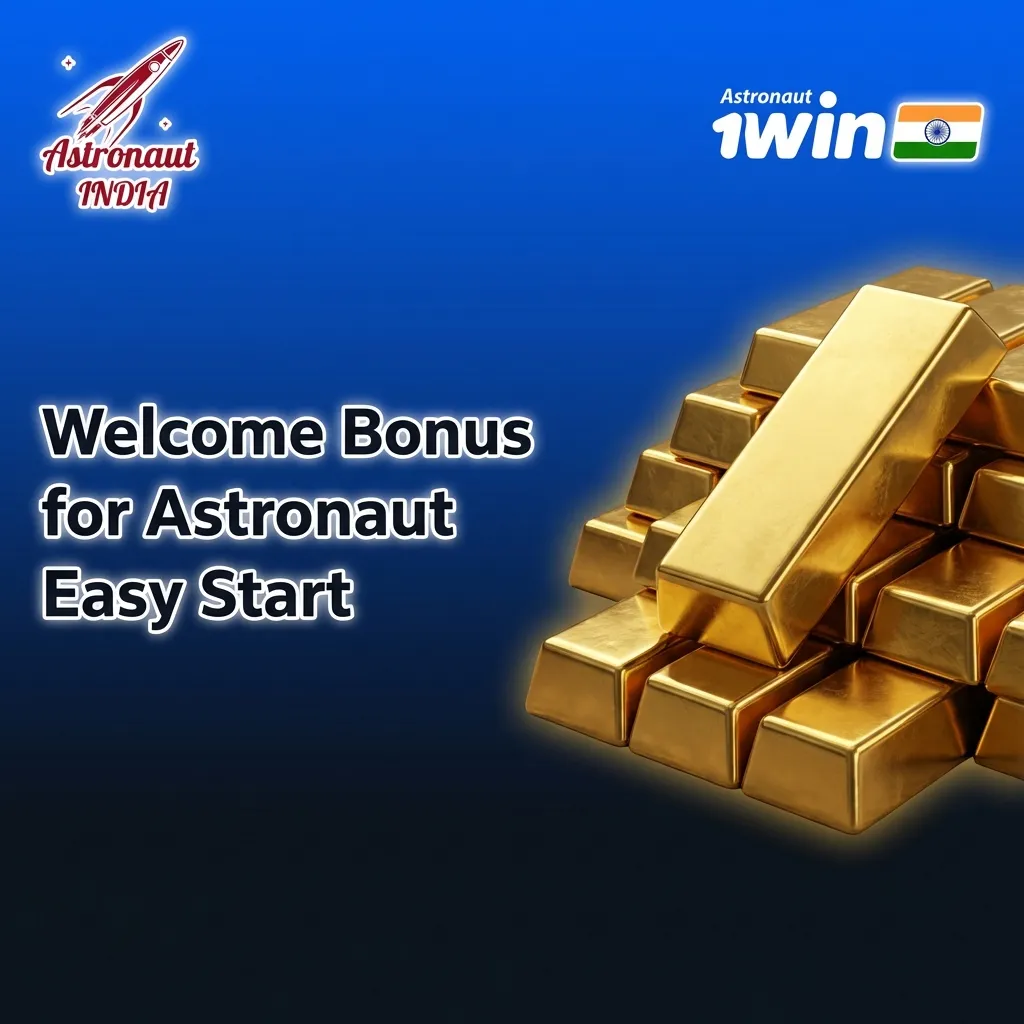 1win Astronaut welcome bonus banner showing step-by-step deposit boosts and example payout in rupees
