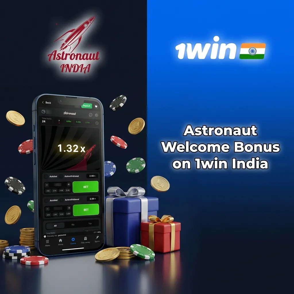 Indian player viewing 1win app screen showcasing Astronaut welcome bonus and multi‑step deposit offer instructions