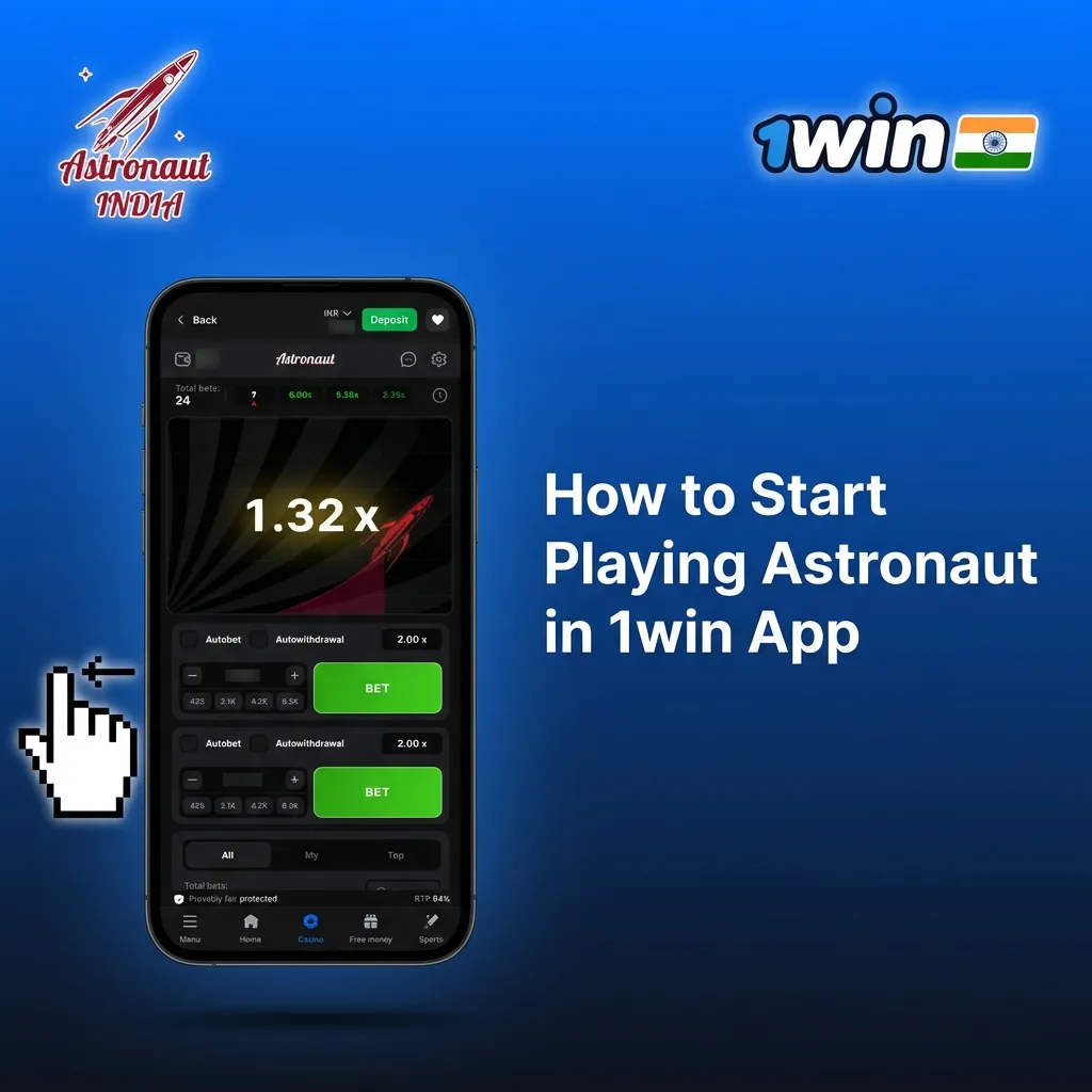 Illustrated phone screen showing 1win app steps: register, deposit, verify KYC, then open Casino to play Astronaut game.
